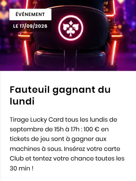 Affiche de Fauteuil gagnant du lundi au Casino JOA de Lons-le-Saunier à Lons-le-Saunier (39) — Sorties dans le Jura