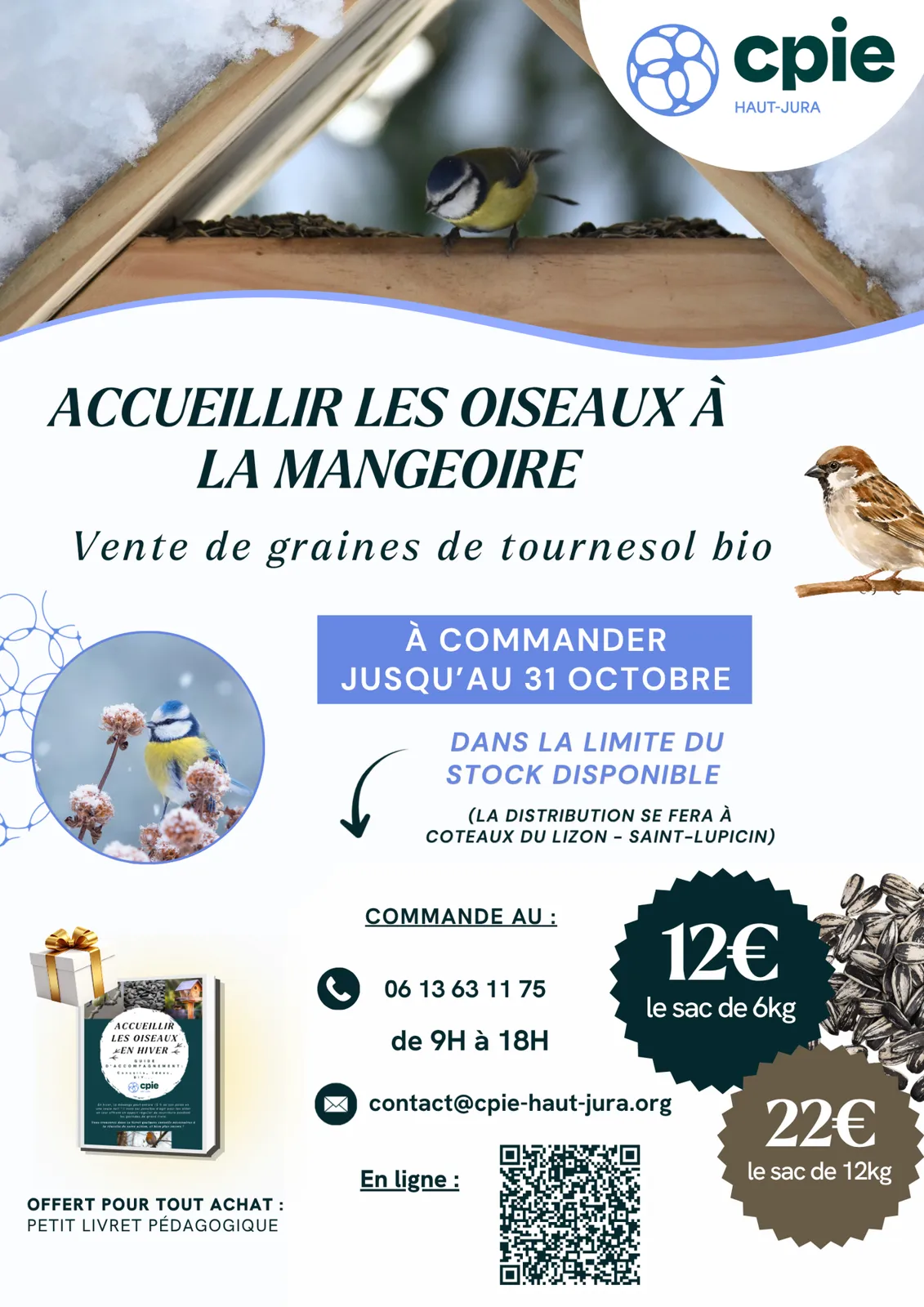 Affiche de Vente de sacs de graines de tournesol bio pour les oiseaux ! à Coteaux-du-Lizon (39) — Sorties dans le Jura
