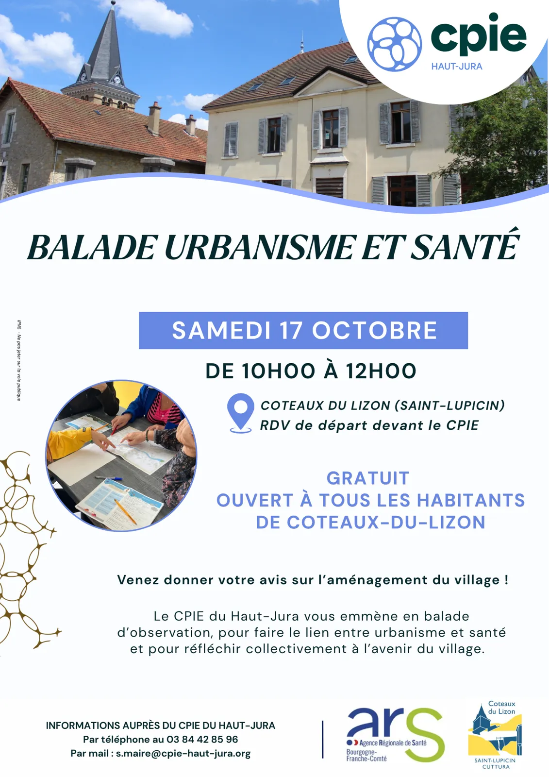 Affiche de Balade urbanisme et santé – Discutons de l’avenir de Coteaux du Lizon ! à Coteaux-du-Lizon (39) — Sorties dans le Jura
