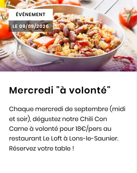 Affiche de Soirée chili con carne à volonté au casino de Lons-le-Saunier à Lons-le-Saunier (39) — Sorties dans le Jura