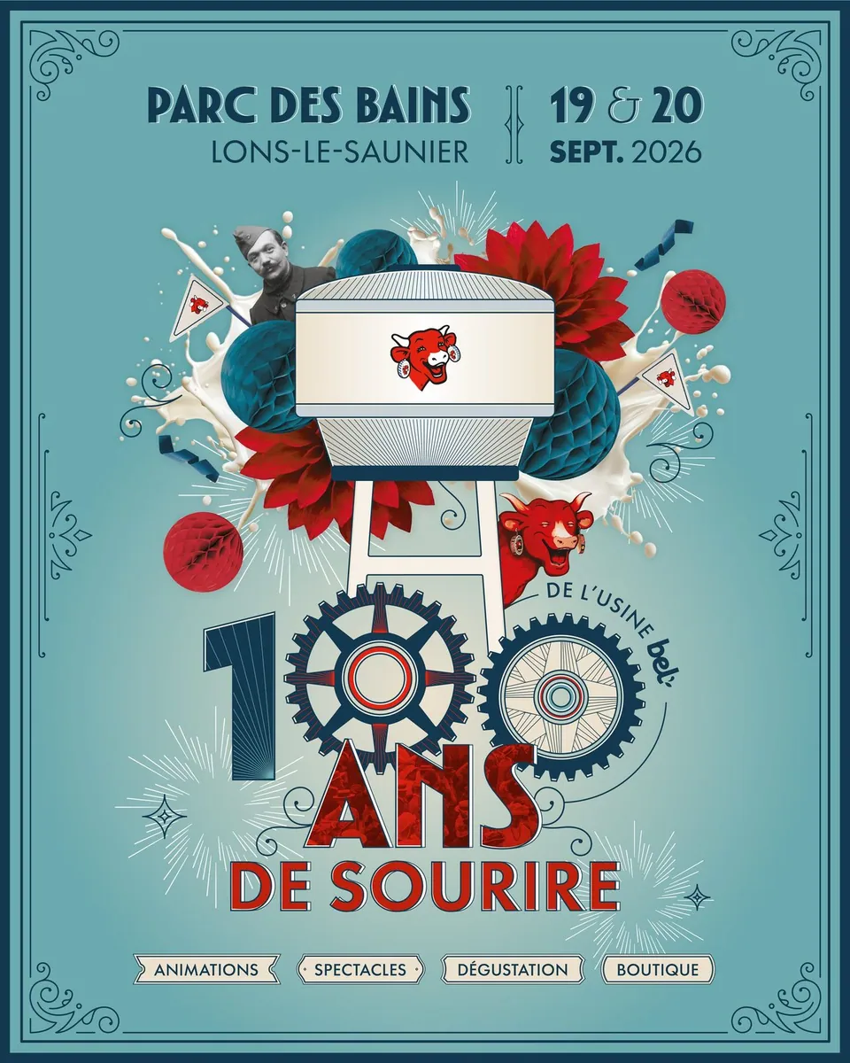 Affiche de Centenaire de la Vache qui rit au Parc des Bains à Lons-le-Saunier à Lons-le-Saunier (39) — Sorties dans le Jura