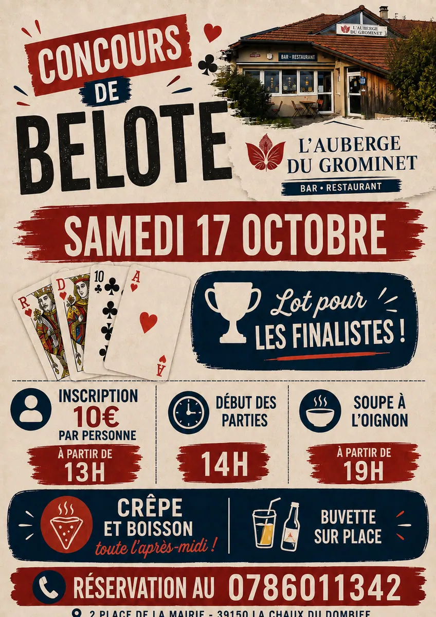 Affiche : Concours de belote à l'auberge du Grominet