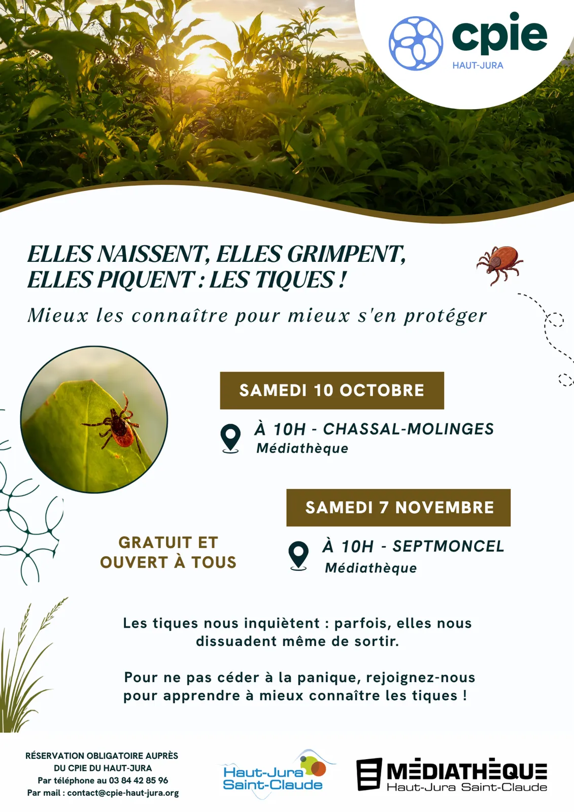 Affiche de Conférence sur les tiques – Mieux les connaître pour mieux s’en protéger à Septmoncel-les-Molunes (39) — Sorties dans le Jura
