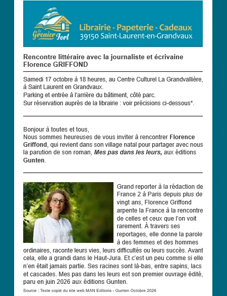 Affiche de Rencontre littéraire à la librairie Le Grenier Fort à Saint-Laurent-en-Grandvaux (39) — Sorties dans le Jura