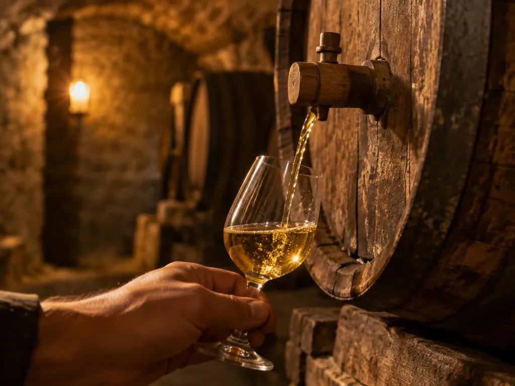 Vin doré coulant d'un fût de chêne dans un verre de dégustation, en cave voûtée