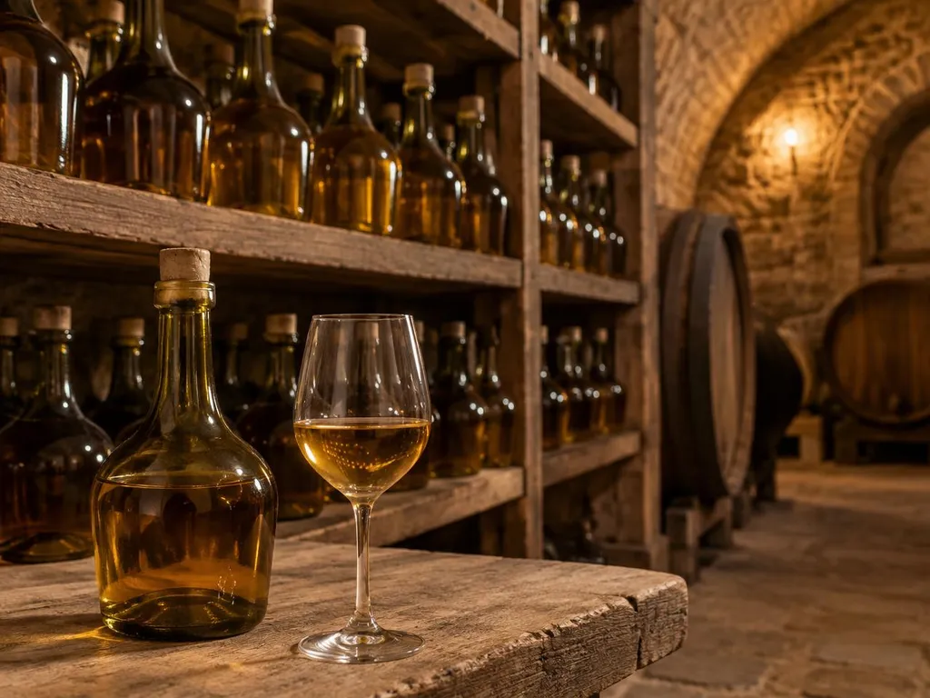 Bouteilles trapues de vin jaune et verre de dégustation dans une cave jurassienne