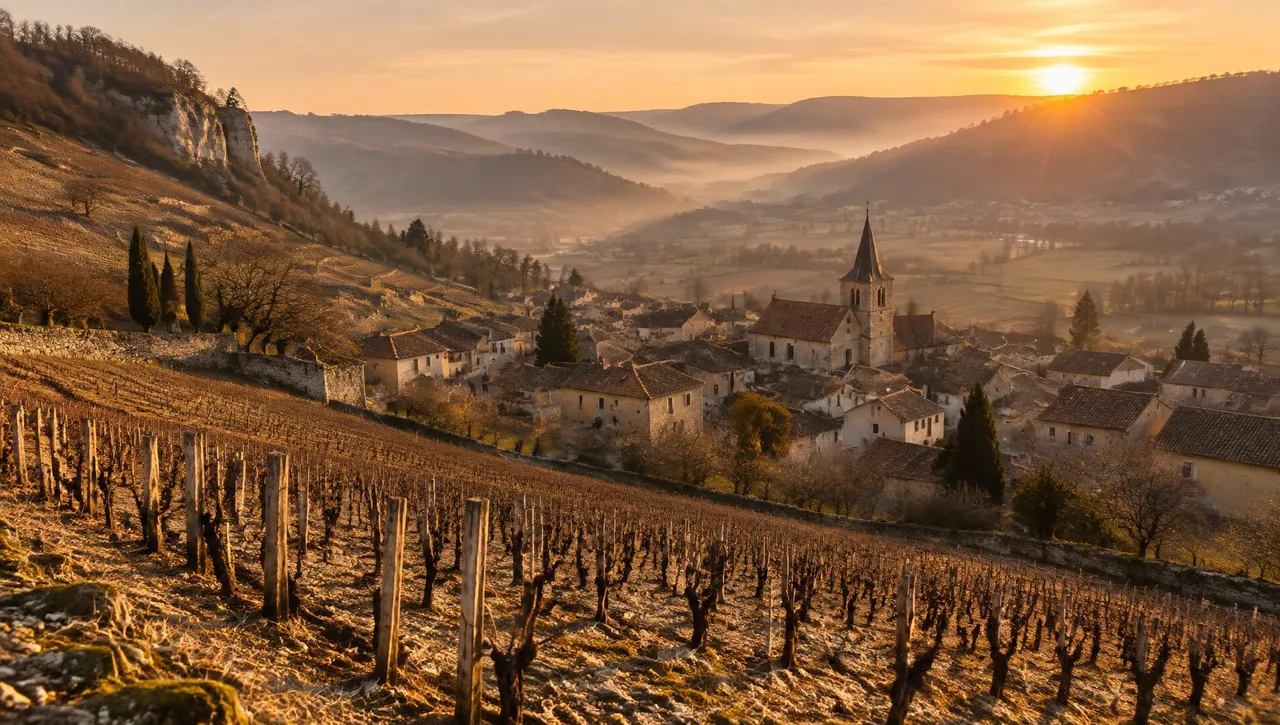 Vignoble jurassien en hiver au lever du soleil, au-dessus d'un village aux toits de tuiles