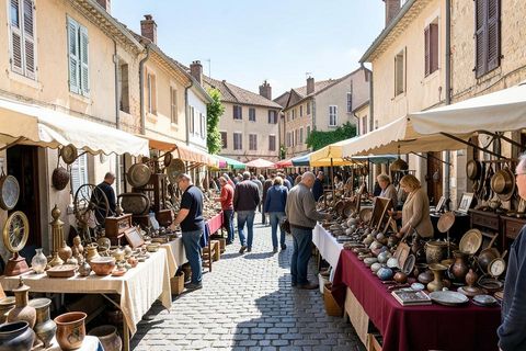 Brocante dans une rue pavée d'un village jurassien