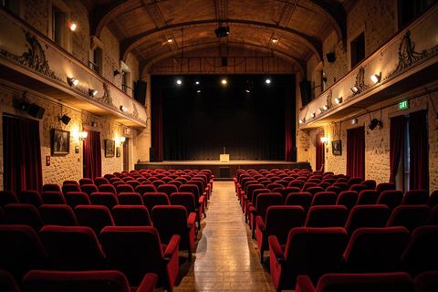 Salle de théâtre jurassienne avec fauteuils rouges et scène éclairée
