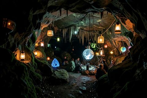 Grotte du Jura éclairée de lanternes lors d'un événement nocturne insolite
