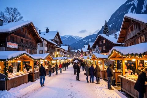 Marché de Noël illuminé dans un village enneigé du Jura