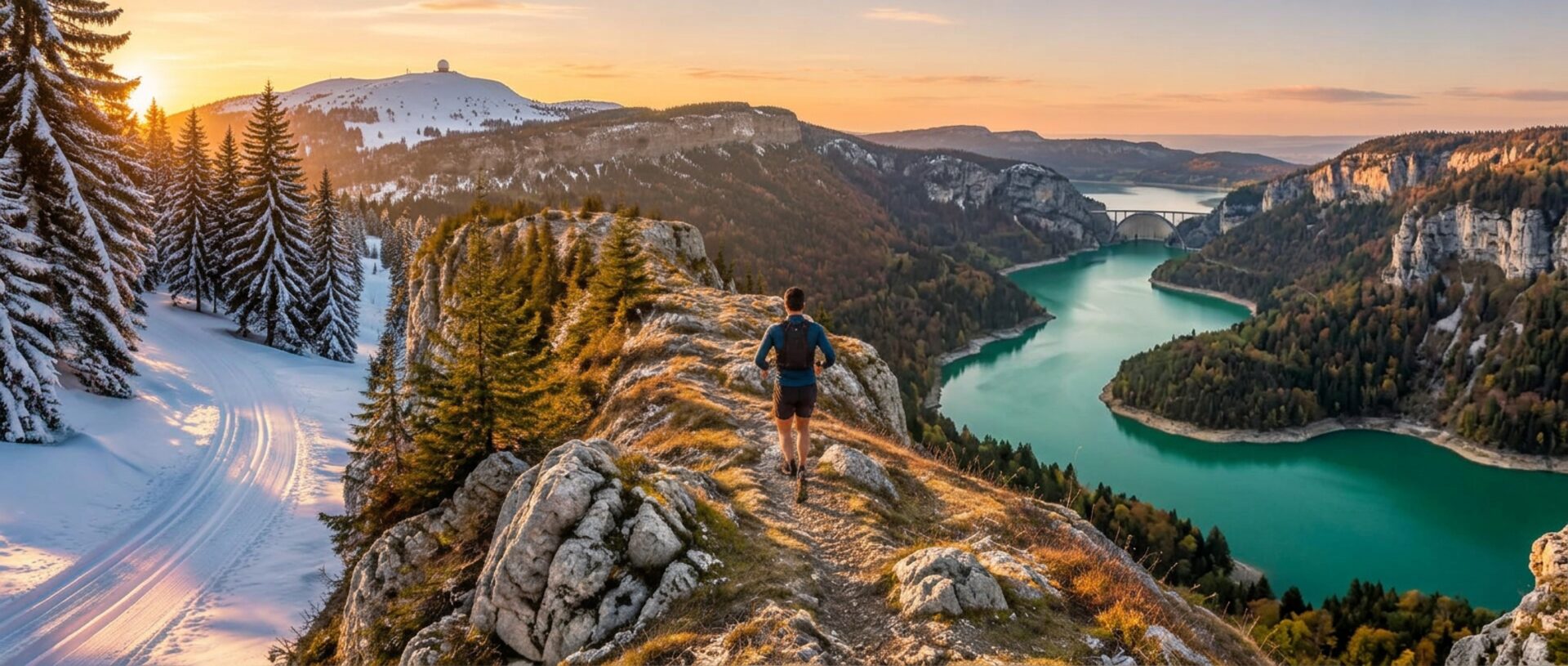 Ski de fond, trail et lac dans les montagnes du Jura au coucher du soleil
